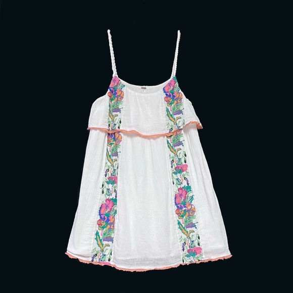 Free People Embroidered Mini Slip Dress Gauze White Crochet Beach Party XS Boho - Picture 2 of 14